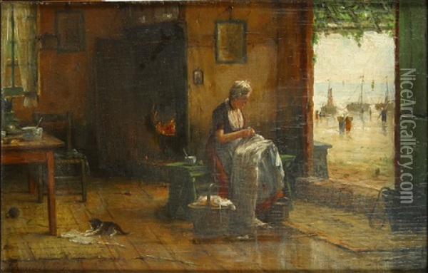 Naaiende Vrouwen In Een Interieur Met Open Deur Op Zeegezicht Oil Painting - Edward Antoon Portielje