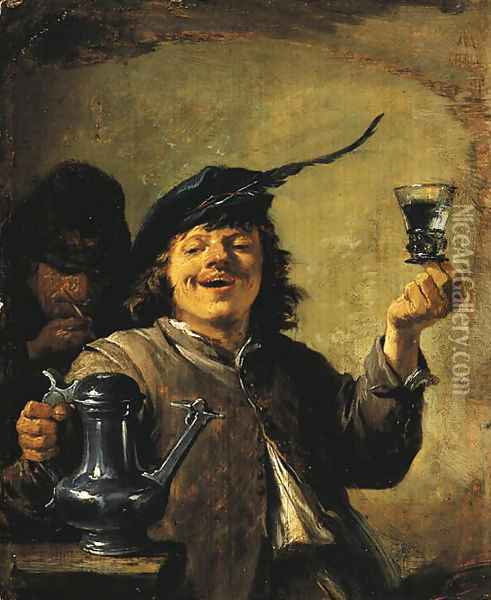 The Sense of Taste A man raising a glass, a man smoking behind Oil Painting - David III Teniers
