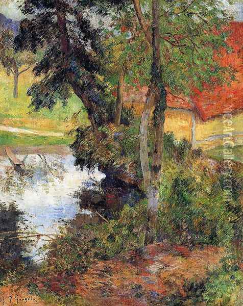 Red Roof By The Water Oil Painting - Paul Gauguin