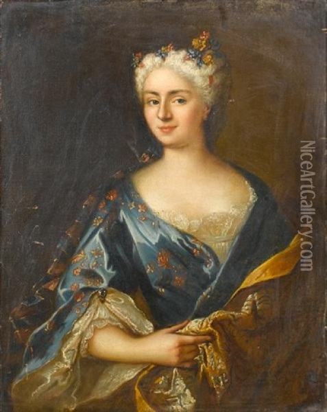 Portrait Of A Woman Three-quarter-length With A Blue Dress Embroidered With Red Flowers And A Gold Shawl Oil Painting - Nicolas de Largilliere