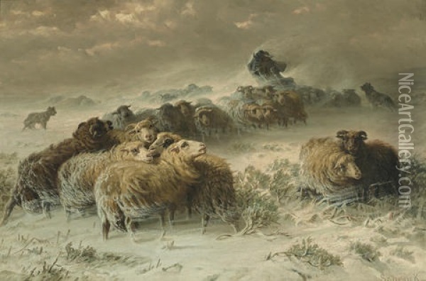 A Shepherd With His Flock In A Snowstorm Oil Painting - August Friedrich Albrecht Schenck
