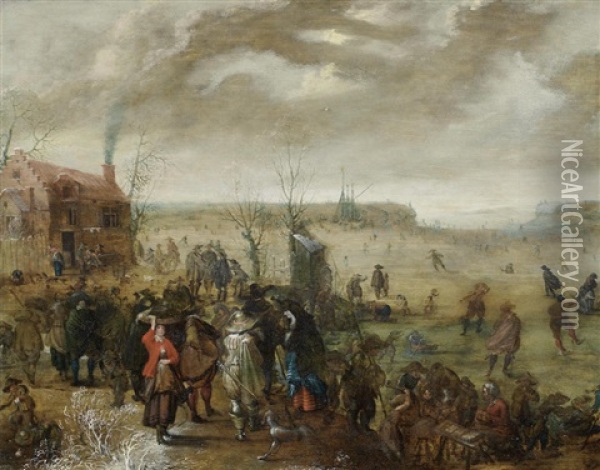 A Winter Landscape With Skaters On A Frozen Estuary And Figures By An Inn Oil Painting - Adam van Breen