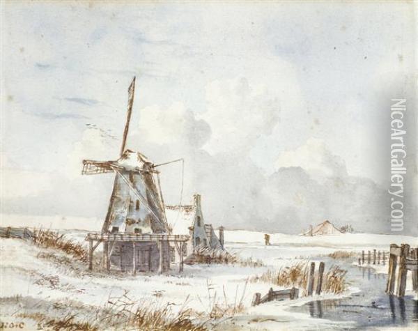 Windmills In A Dutch Polder Landscape Inwinter Oil Painting - Hendrik Gerrit ten Cate