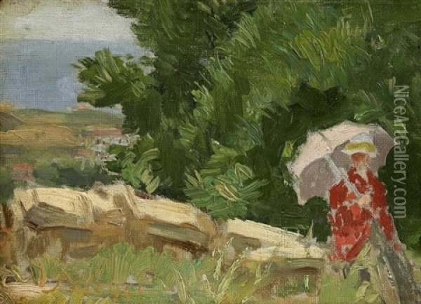 Landschaft Mit Einer Dame Mit Schirm Oil Painting - Pal Szinyei Merse