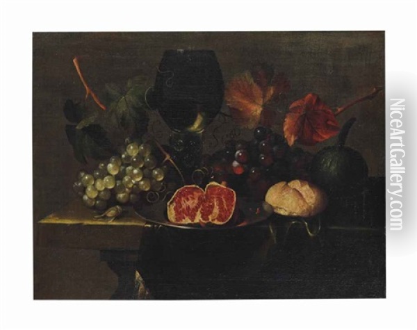 A Roemer, Grapes, A Gourd, Bread And A Pomegranate On A Pewter Plate On A Draped Table Oil Painting - Justus van Huysum the Elder