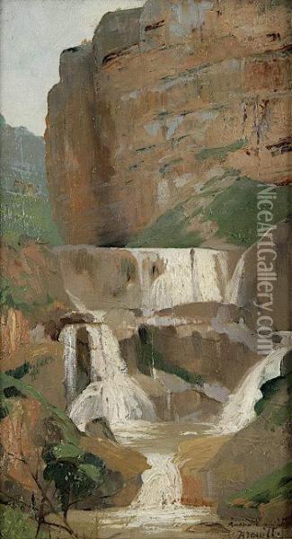 Rocky Waterfall Landscape Oil Painting - Pierre Andre Brouillet