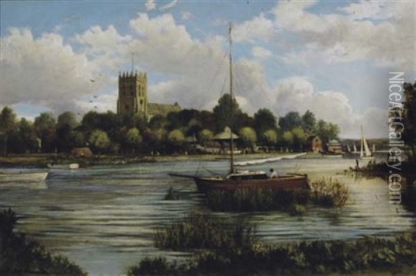 Sunday Sailing By A Village Oil Painting - Reginald Ernest Arnold