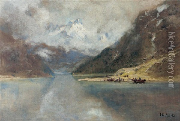 A View Of A Lake With Snowcapped Mountains Oil Painting - William Keith