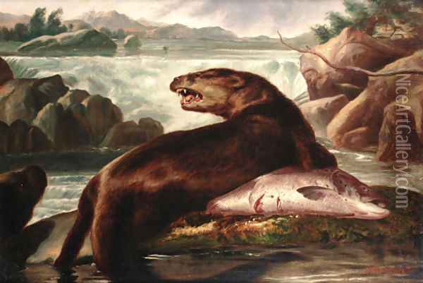 Otter and Salmon Oil Painting - A. Roland Knight