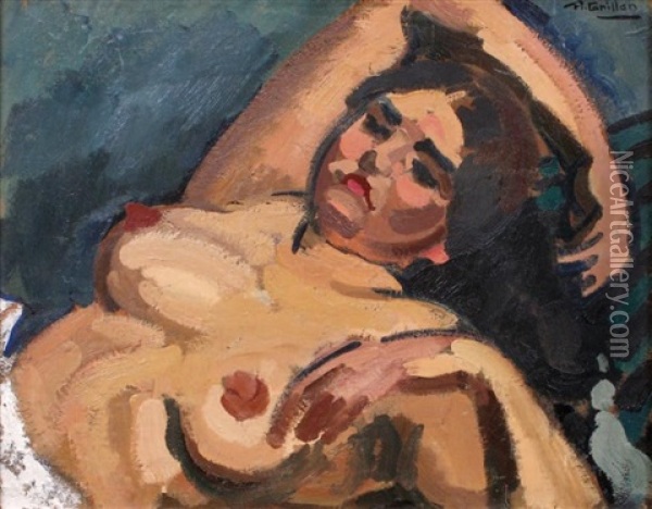 Femme Nue En Buste, Allongee Oil Painting - Roger-Maurice Grillon