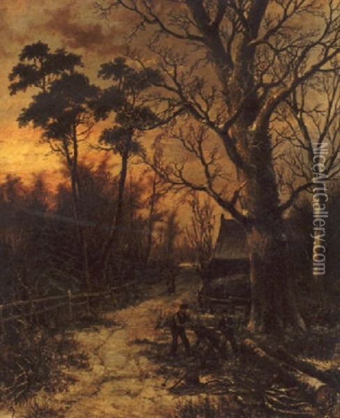 Woodsmen In A Winter Landscape Oil Painting - Barend Cornelis Koekkoek