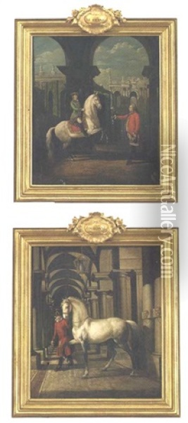Colonel Konigsfels Teaching Josef Poniatowski To Ride (+ A Groom Of Stanislas Augustus With His Horse; Pair) Oil Painting - Bernardo Bellotto