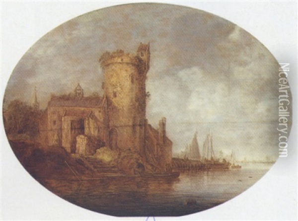 River Landscape With Fishermen Near A Ruined Tower Oil Painting - Frans de Hulst