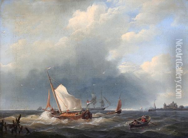 Sailing Vessels At Sea Oil Painting - Hermanus Jr. Koekkoek