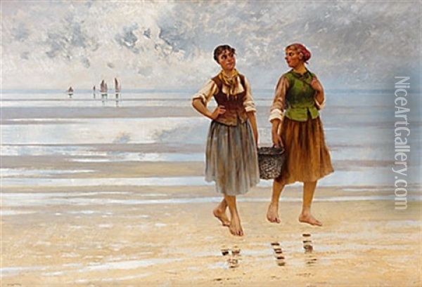 Flickor Vid Strand Oil Painting - August Vilhelm Nikolaus Hagborg