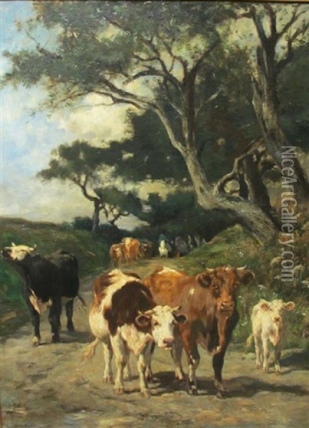 Cattle On A Track Oil Painting - Marie Dieterle