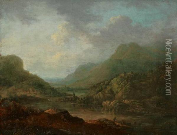 Zwei Flusslandschaften Oil Painting - Christian Georg Schuttz II