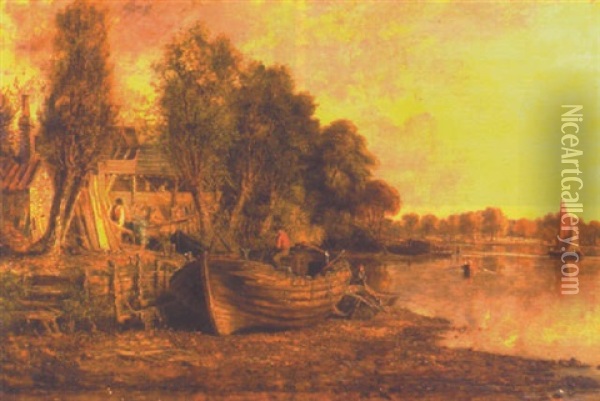 Banks Of The Thames Near Kew Oil Painting - Jacob George Strutt