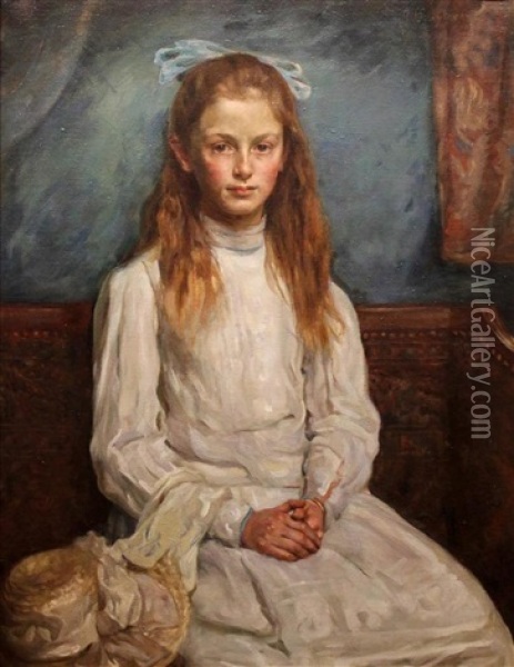 Girl With A Blue Bow Oil Painting - John Bagnold Burgess
