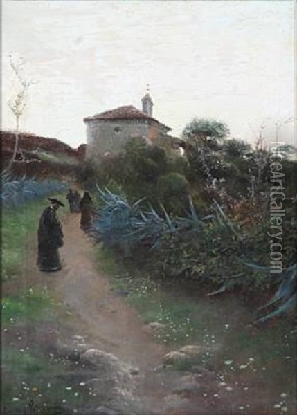 On The Way To A Church Oil Painting - Manuel Garcia y Rodriguez