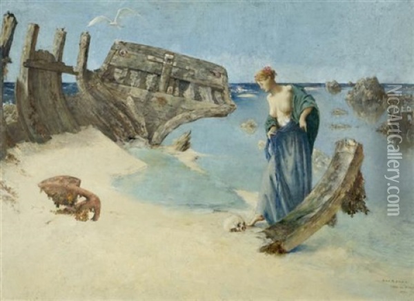 Jeune Fille Contemplant Un Crane Pres D'un Bateau Naufrage Au Bord De La Mer - Ile De Brehat Oil Painting - Cornelius Ary Renan