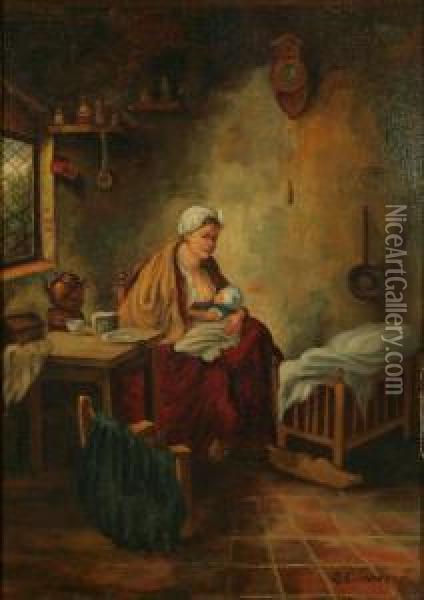 Boereninterieur Met Moeder En Zogende Baby Oil Painting - Jean Baptiste Thevenet