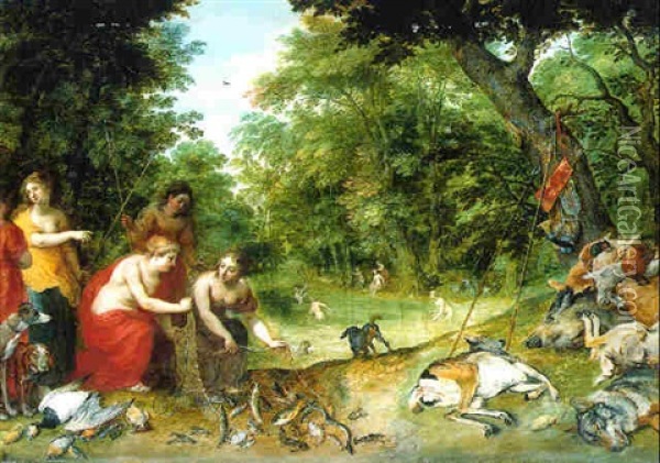 An Allegory Of The Elements Earth, Air And Water: Nymphs Bathing In A Wooded Glade With Trophies Of The Hunt Nearby Oil Painting - Jan Brueghel the Elder