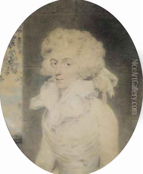 Portrait of Mrs. William, half-length, seated by a pillar Oil Painting - John Downman