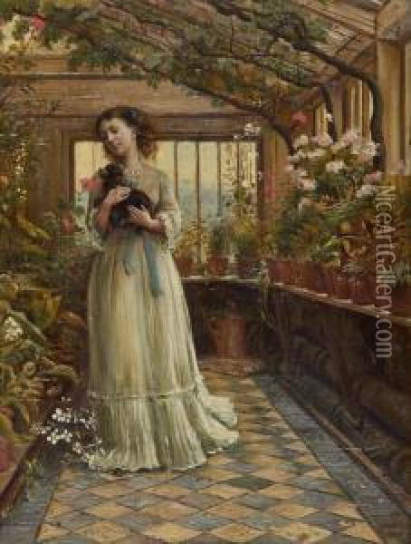 Dora, Laughing Held The Dog Up Childishly To Smell The Flowers Oil Painting - George Goodwin Kilburne