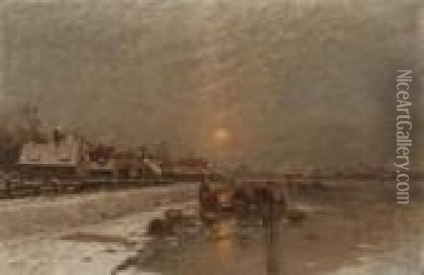 Winterabend In Einem Hollandischen
 Dorf. Oil Painting - Johann Jungblutt