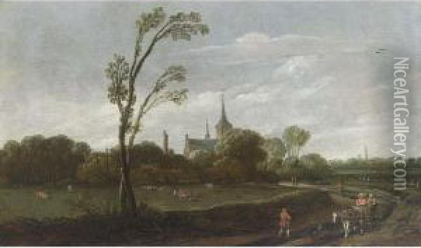 A Wooded Landscape With A 
Horse-drawn Cart, A View Of A Village With A Church Tower Beyond Oil Painting - Esaias Van De Velde