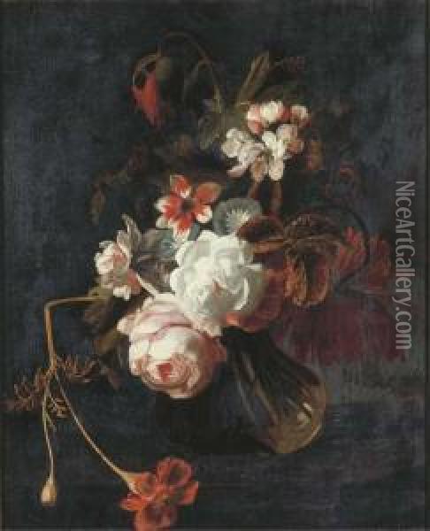 Roses, Poppies, Chrysanthamums, 
Apple Blossom, And Other Summerflowers In A Glass Vase With A Butterfly Oil Painting - Simon Pietersz. Verelst