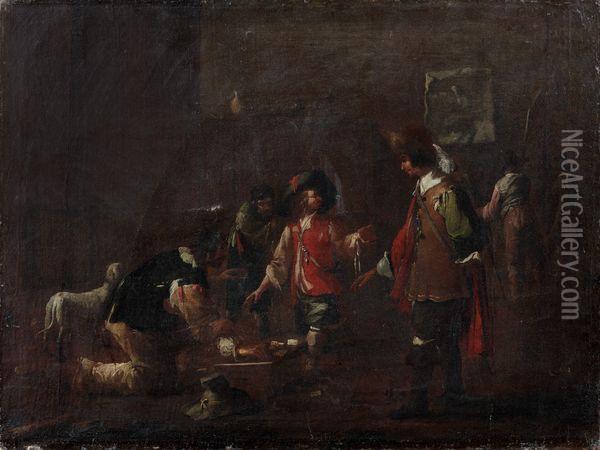 < Une Partie De Cartes Dans Un Corps De Garde >. Oil Painting - Johann Heinrich Schonfeld
