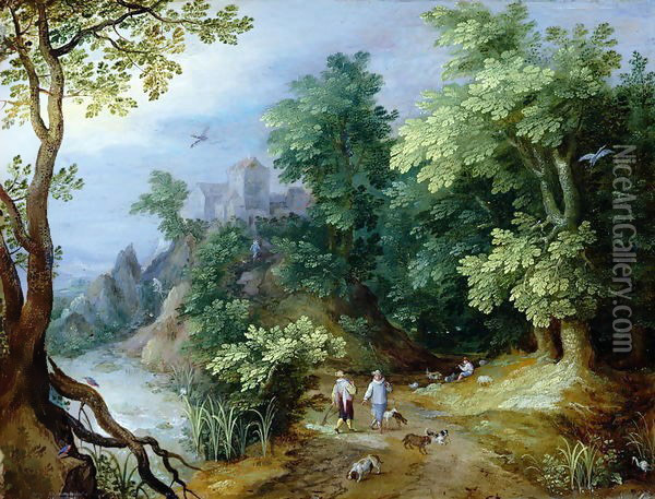 Landscape with Sportsmen and Dogs Oil Painting - Oszkar Nagy