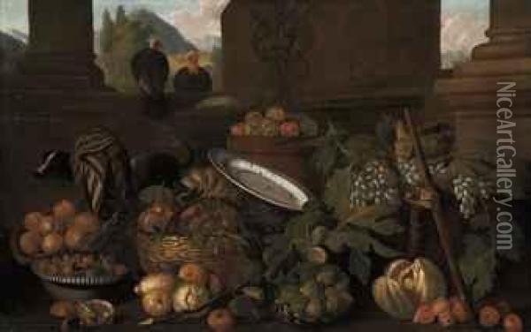 Peaches, Pears, Apples, Lemons, 
Figs And Grapes, In Baskets, With Adog And Two Turkeys, In A Classical 
Architectural Setting, Alandscape Beyond Oil Painting - Pier Francesco Cittadini Il Milanese