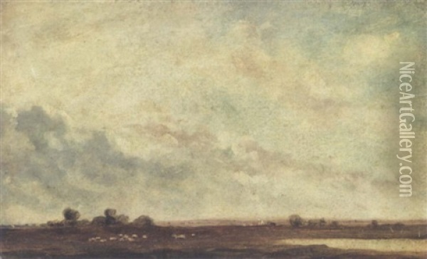 Extensive Landscape With Distant View Of Windmills Oil Painting - Lionel Bicknell Constable