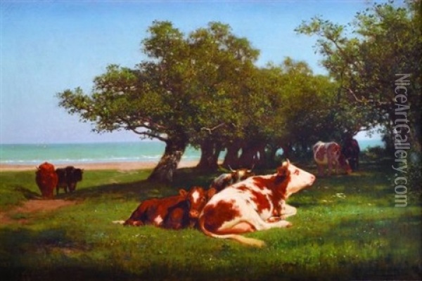 Le Repos Du Troupeau Pres De La Cote Normande Oil Painting - Auguste (Francois Auguste) Bonheur