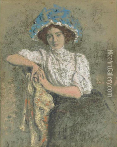 Jeune Fille Assise Au Chapeau Bleu Oil Painting - Georges Lemmen