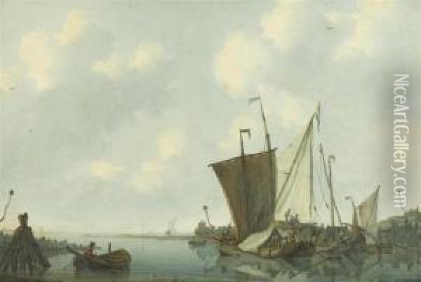 Coastline With Sailing Ships At Anchor Oil Painting - Johannes Christian Schotel