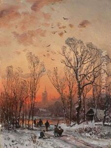 Winterlandschaft In Der
 Dammerung. Oil Painting - Adolf Stademann