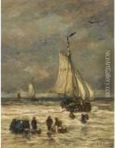 Unloading The Catch Oil Painting - Hendrik Willem Mesdag