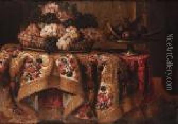 Grapes In A Basket With Sweetmeats On A Salver On A Draped Table Oil Painting - Antonio Gianlisi The Younger