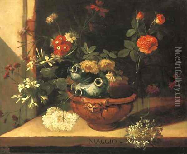 A ceramic vase with roses, hortensias and other flowers Oil Painting - Niccolino Van Houbraken