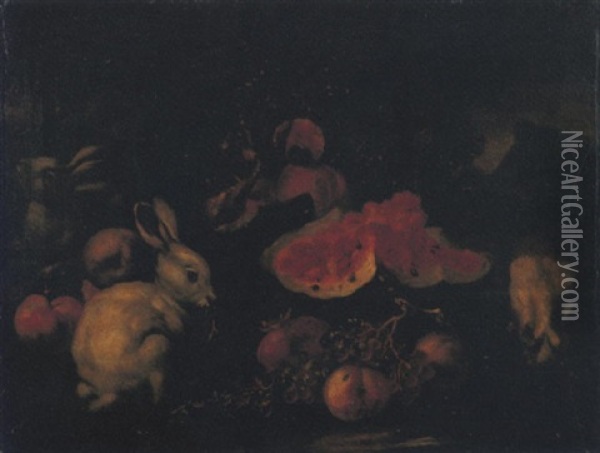 Pesche, Uva, Melograni, Anguria, Fichi, Tre Conigli En Plein Air Oil Painting - Giovanni Paolo Castelli (lo Spadino)