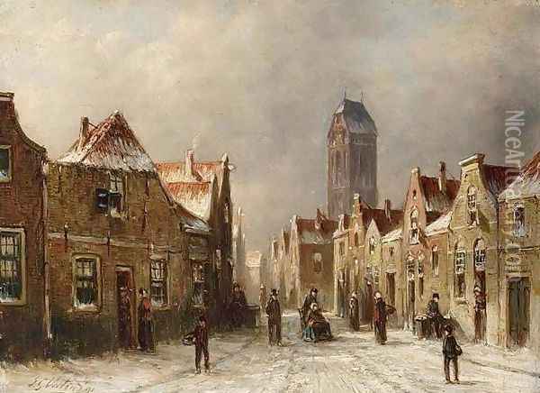 Figures in the Streets of a Snow Covered Dutch Town Oil Painting - Pieter Gerard Vertin
