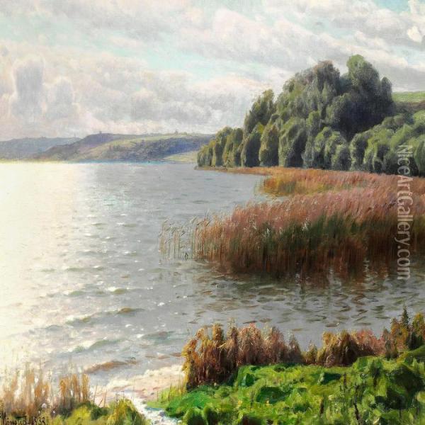 View Of A Lake With Reflections Of The Sun In The Water Oil Painting - Peder Mork Monsted