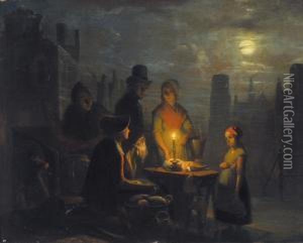 Marktscene Bij Avond (1847) Oil Painting - Jan Hendrick van Grootvelt
