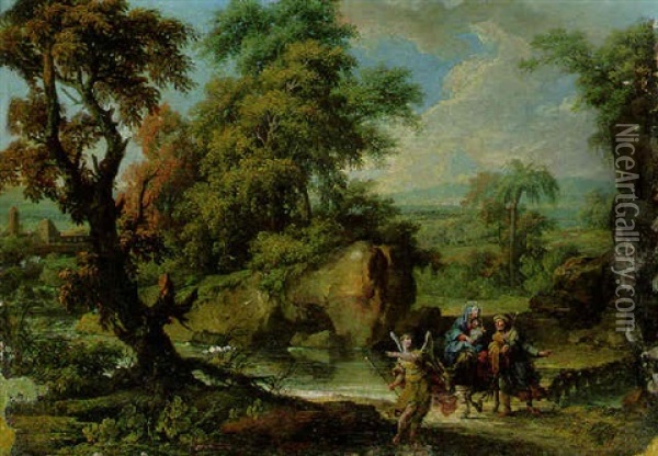 A Wooded River Landscape With The Flight Into Egypt Oil Painting - Jan Frans van Bloemen