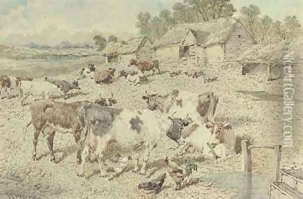 A farmyard scene with cattle, poultry and pigs Oil Painting - John Frederick Herring Snr