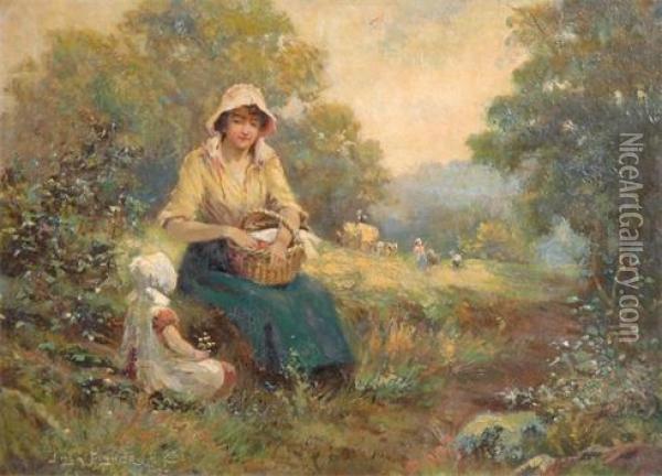 A Women And Young Girl Having A Picnic In A Field Oil Painting - Joshua Fisher
